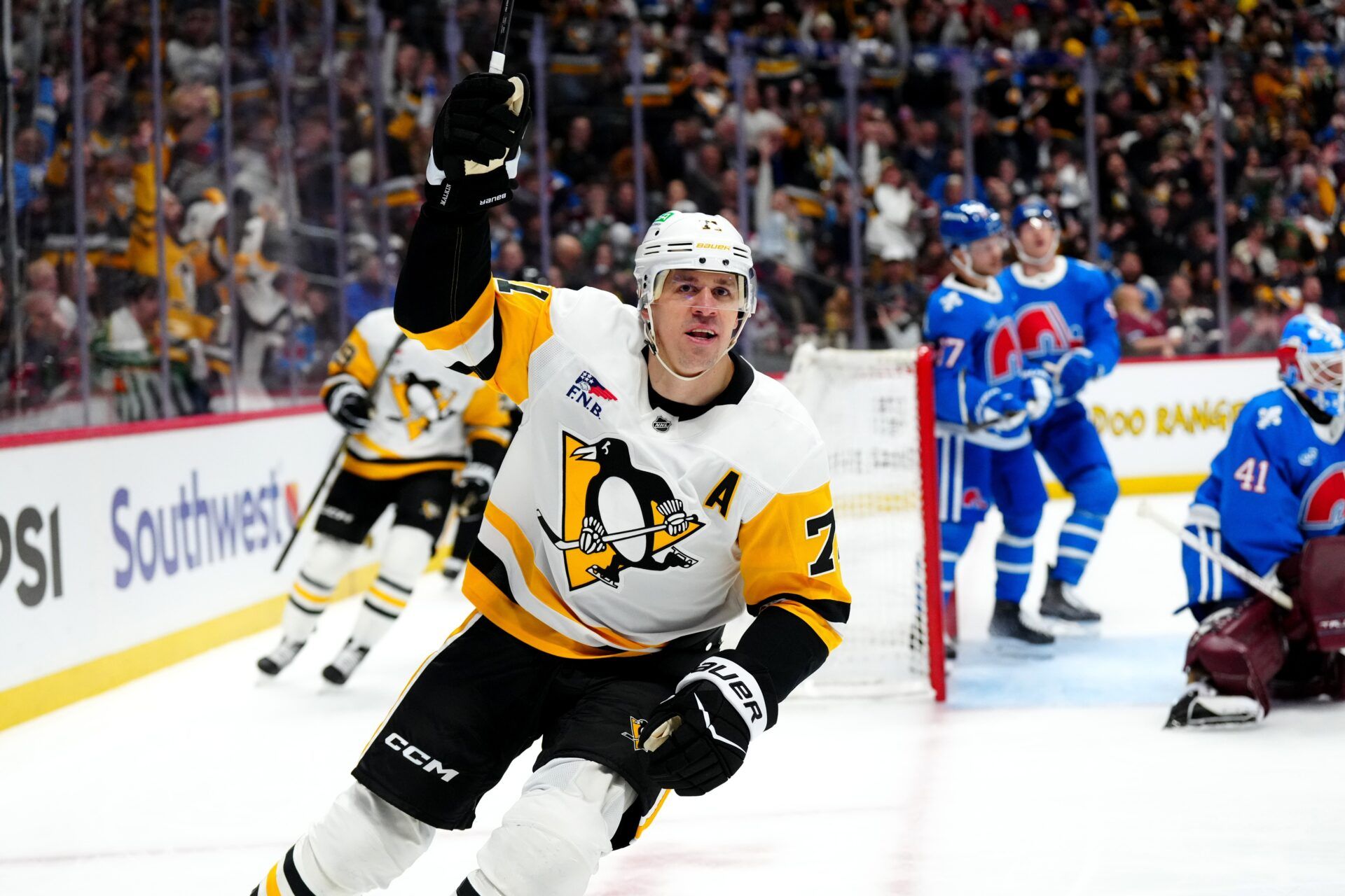 Pittsburgh Penguins center Evgeni Malkin (71) reacts after his goal in the first period against the Colorado Avalanche at Ball Arena.