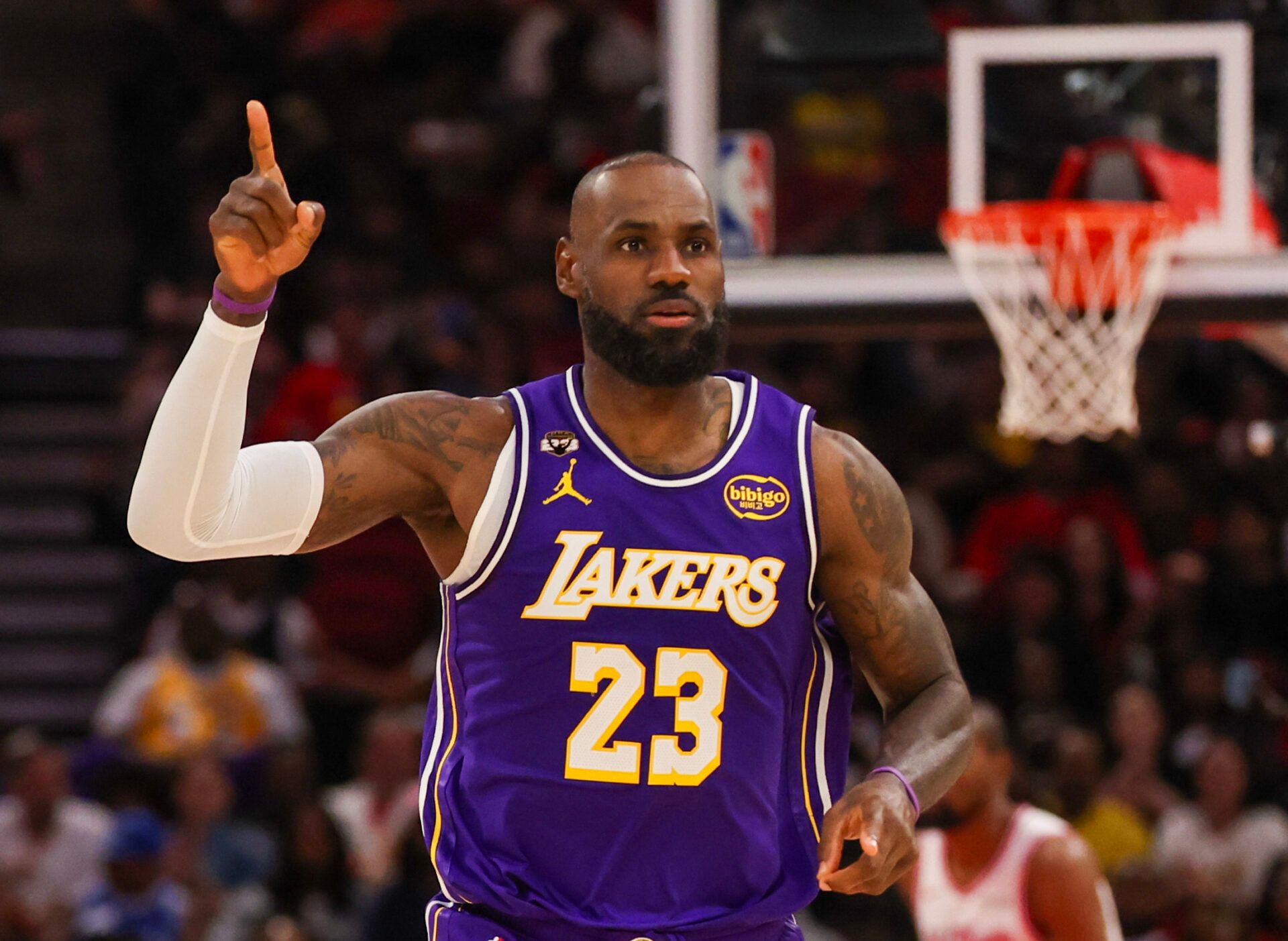 Los Angeles Lakers forward LeBron James (23) reacts to his basket against the Houston Rockets in the second quarter at Toyota Center.
