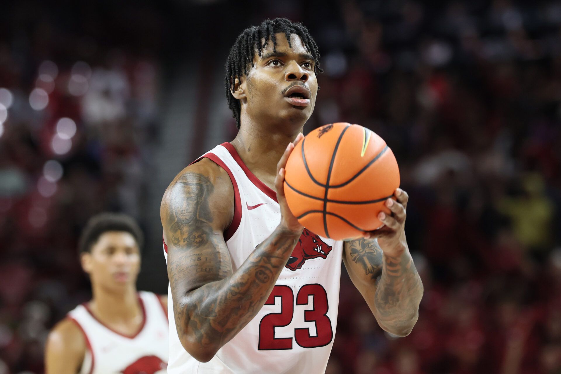 Arkansas Razorbacks forward Nick Pringle (23) shoots a free throw during the first half against the South Carolina Gamecocks at Bud Walton Arena.
