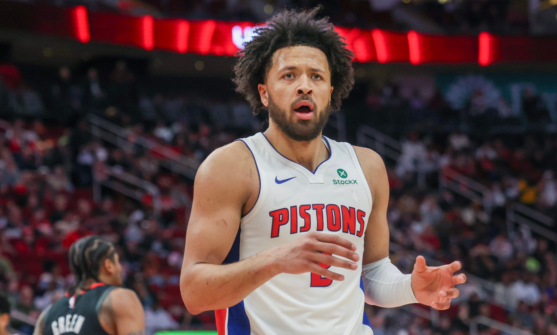 Detroit Pistons guard Cade Cunningham (2) reacts to a call while playing against the Houston Rockets  in the second quarter at Toyota Center.