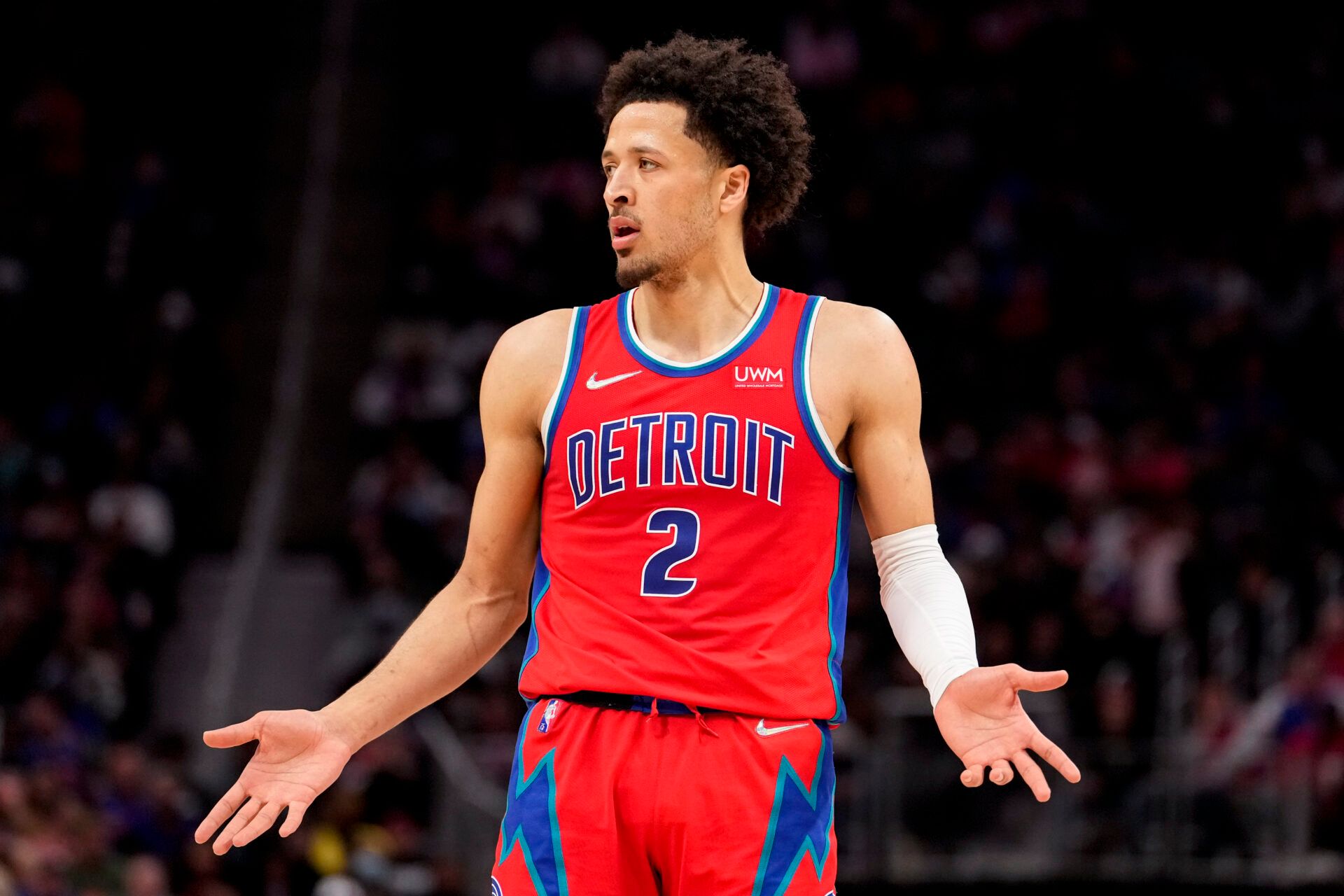 Detroit Pistons guard Cade Cunningham (2) reacts after a call from a referee during the second quarter against the Washington Wizards at Little Caesars Arena.