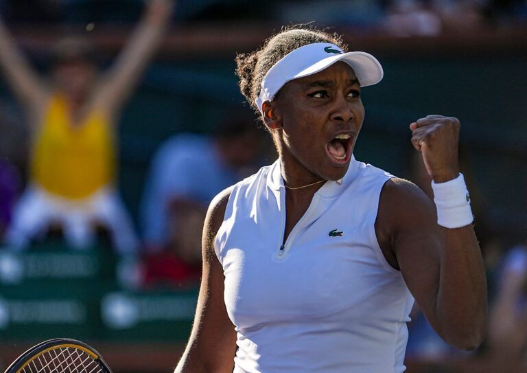 Venus Williams reacts to winning the second set against Diane Parry during their first-round match at the BNP Paribas Open in Indian Wells, Calif., Thursday, March 5, 2026.