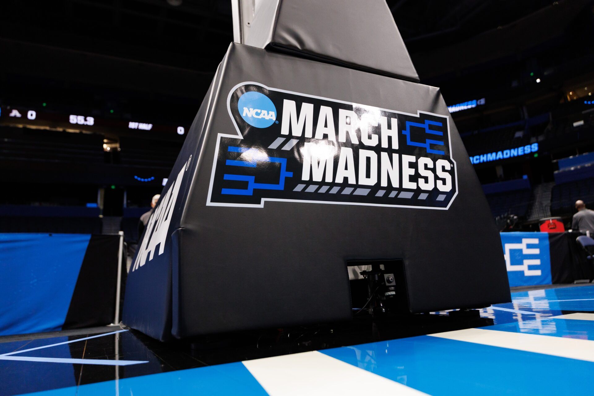 A general view of the backboard stanchion with NCAA March Madness logos during a practice session ahead of the first round of the men's 2026 NCAA Tournament at Benchmark International Arena.