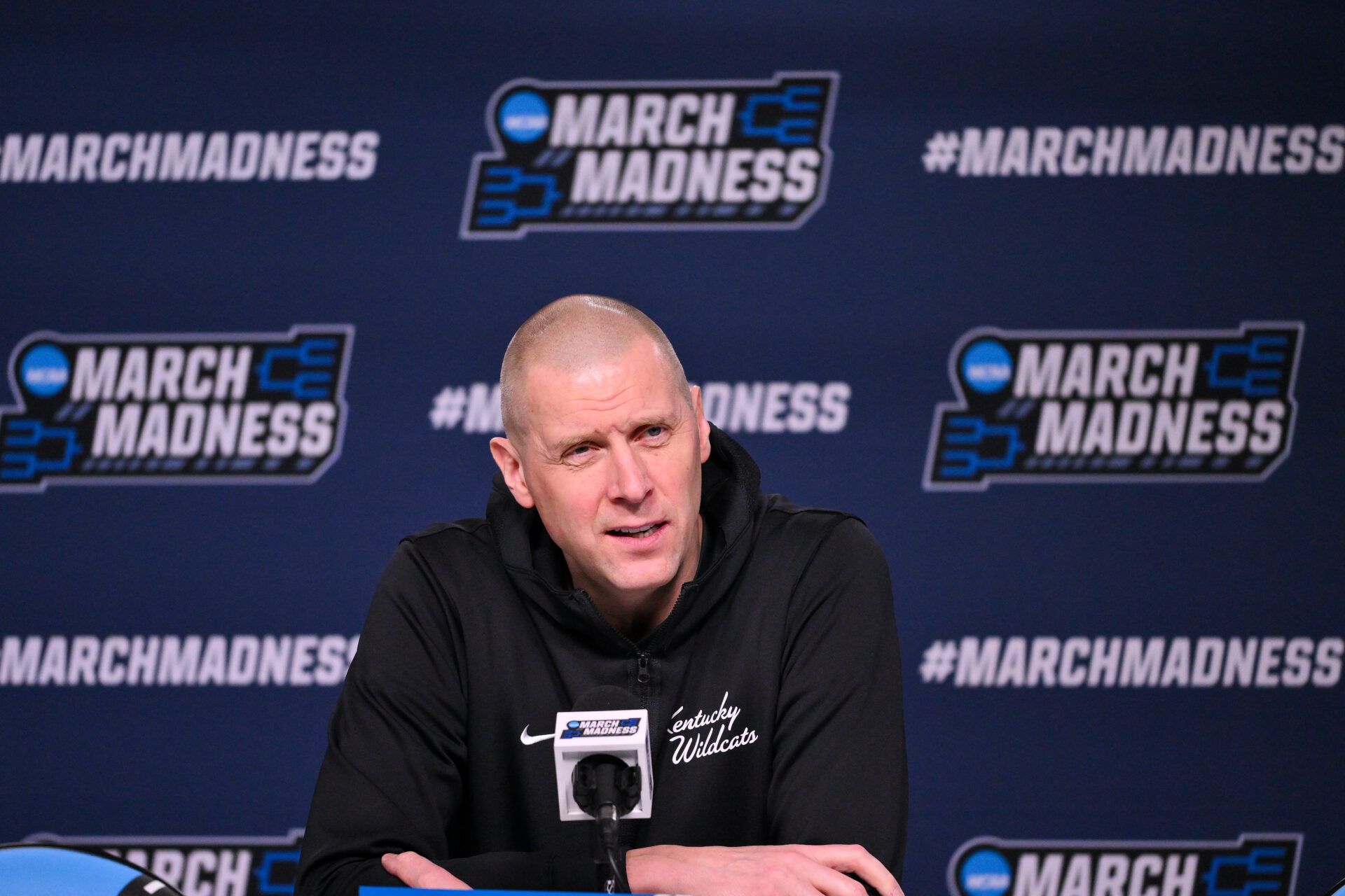 Kentucky Wildcats head coach Mark Pope talks with the media during a practice session ahead of the first round of the men's 2026 NCAA Tournament at Enterprise Center.