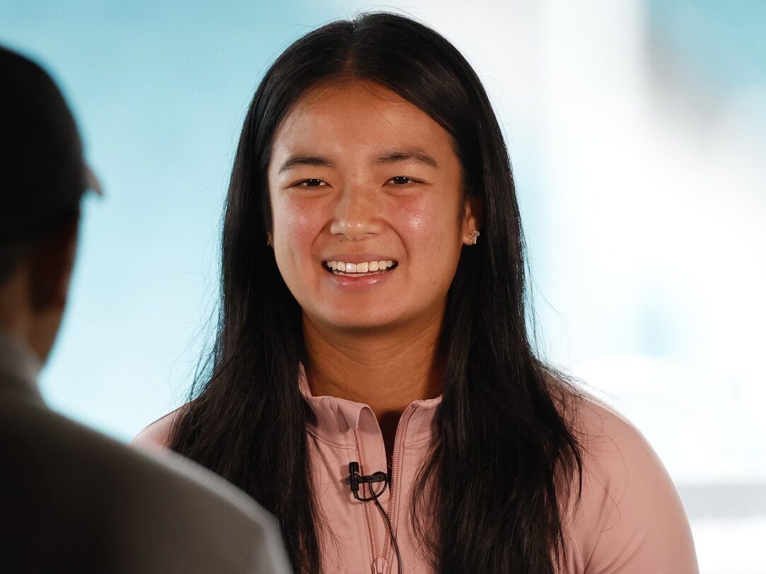 Alexandra Eala (PHI) speaks to a member of the media during Media Day on Day 1 of the 2026 Miami Open at Hard Rock Stadium.