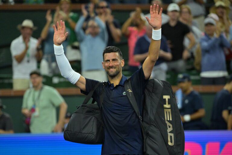 Novak Djokovic (SRB) acknowledges the crowd as he leaves the court following his fourth round loss against Jack Draper (GBR) in the BNP Paribas Open at the Indian Wells Tennis Garden.
