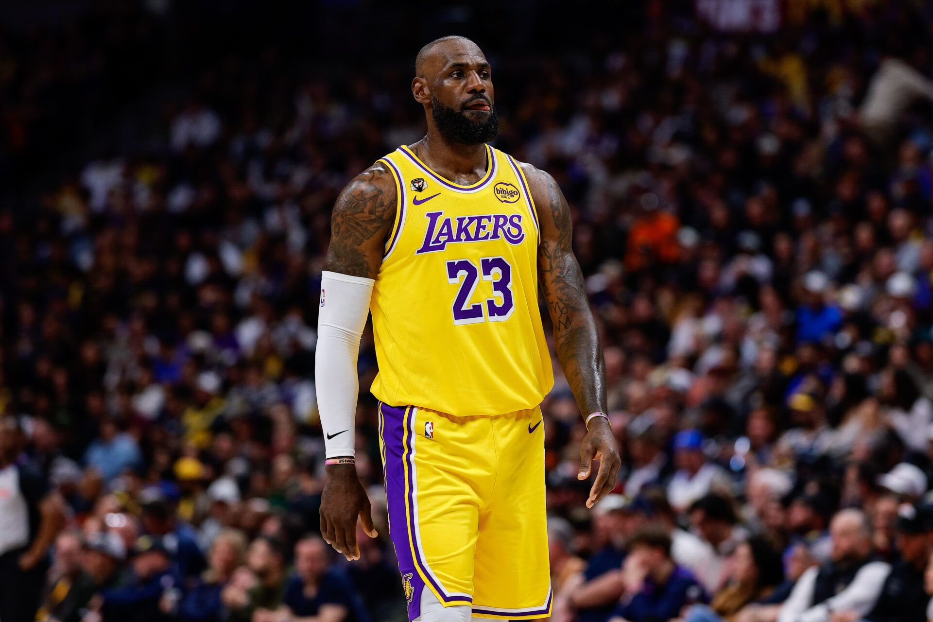 Los Angeles Lakers forward LeBron James (23) in the first quarter against the Denver Nuggets at Ball Arena.