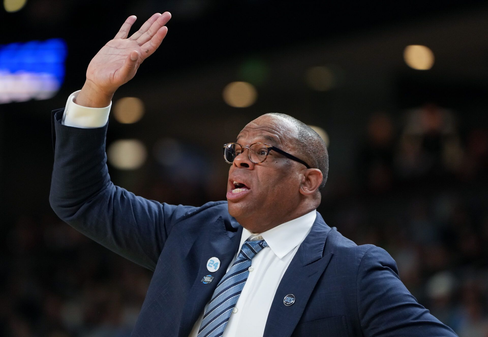 North Carolina Tar Heels head coach Hubert Davis instructs his team against the VCU Rams in the first half of a first round game of the men's 2026 NCAA Tournament at Bon Secours Wellness Arena.