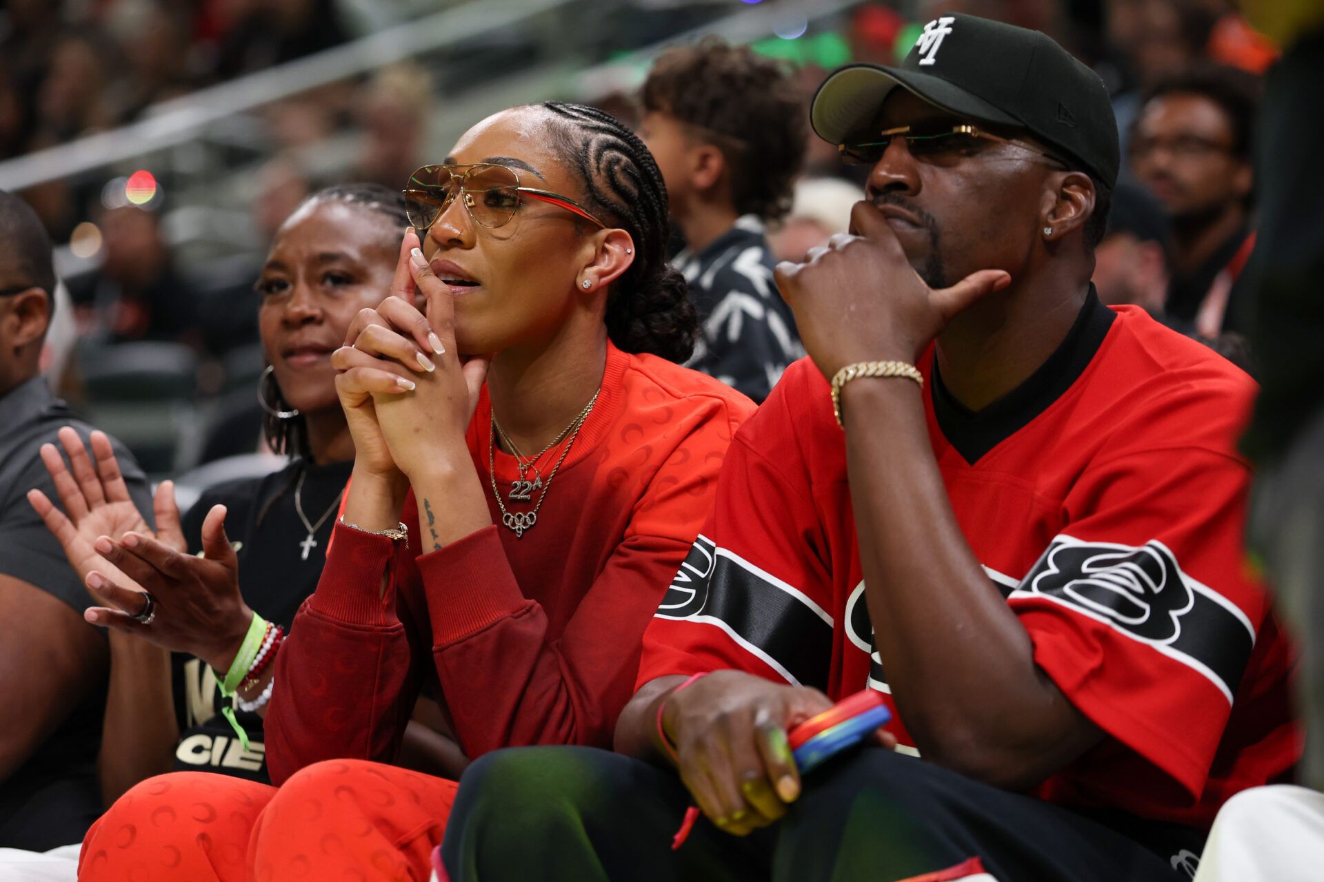 Las Vegas Aces forward AÕja Wilson and boyfriend Miami Heat player Bam Adebayo watch the three-point contest during the 2025 WNBA All Star Skills Challenge at Gainbridge Fieldhouse.