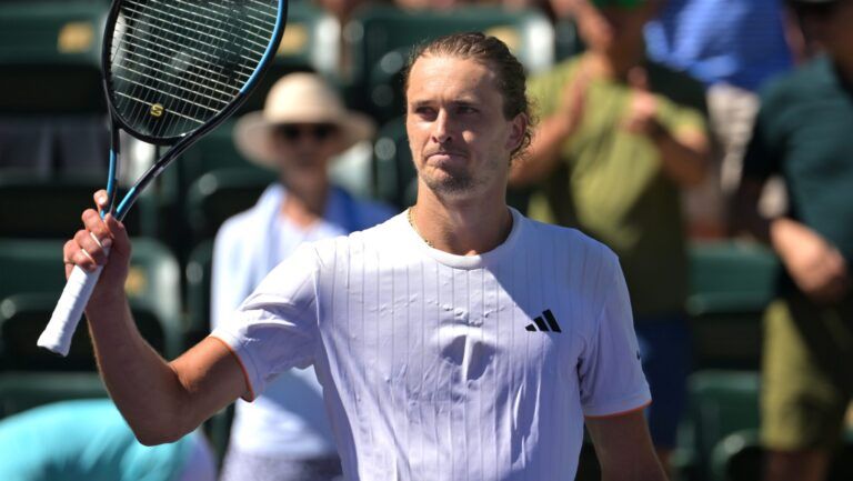 Alexander Zverev (GER) acknowledges the crowd after his quarterfinal match where he defeated Arthur Fils (FRA) during the BNP Paribas Open at the Indian Wells Tennis Garden.