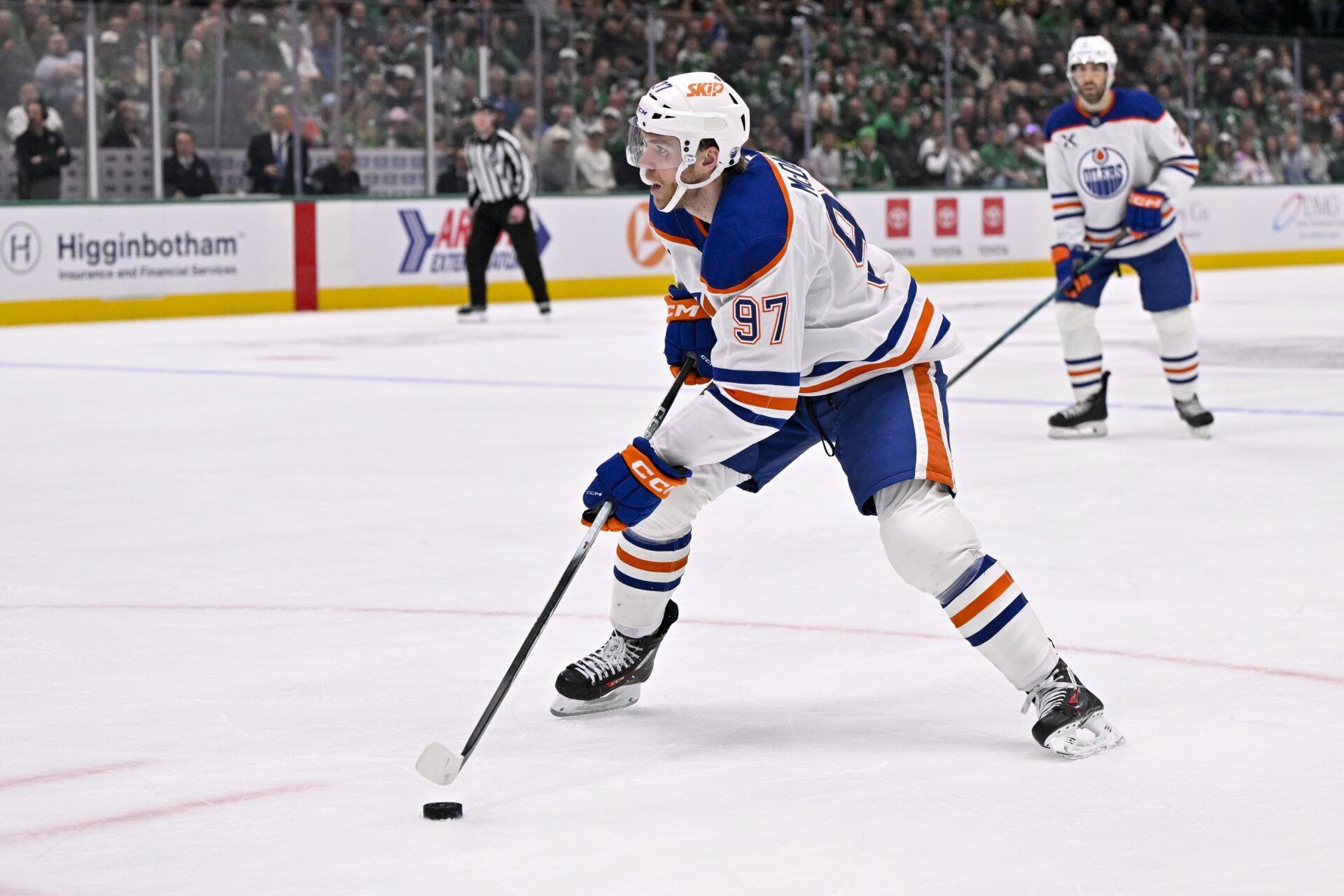 Edmonton Oilers center Connor McDavid (97) skates against the Dallas Stars during the game between the Stars and the Oilers at the American Airlines Center.