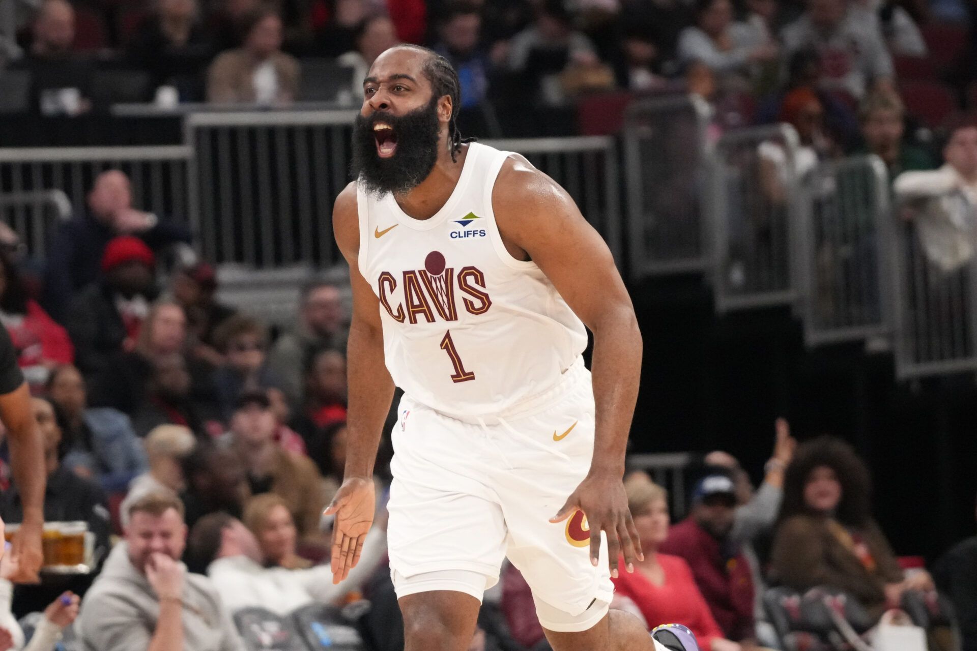 Cleveland Cavaliers guard James Harden (1) reacts after making a three point basket against the Chicago Bulls during the second half at United Center.