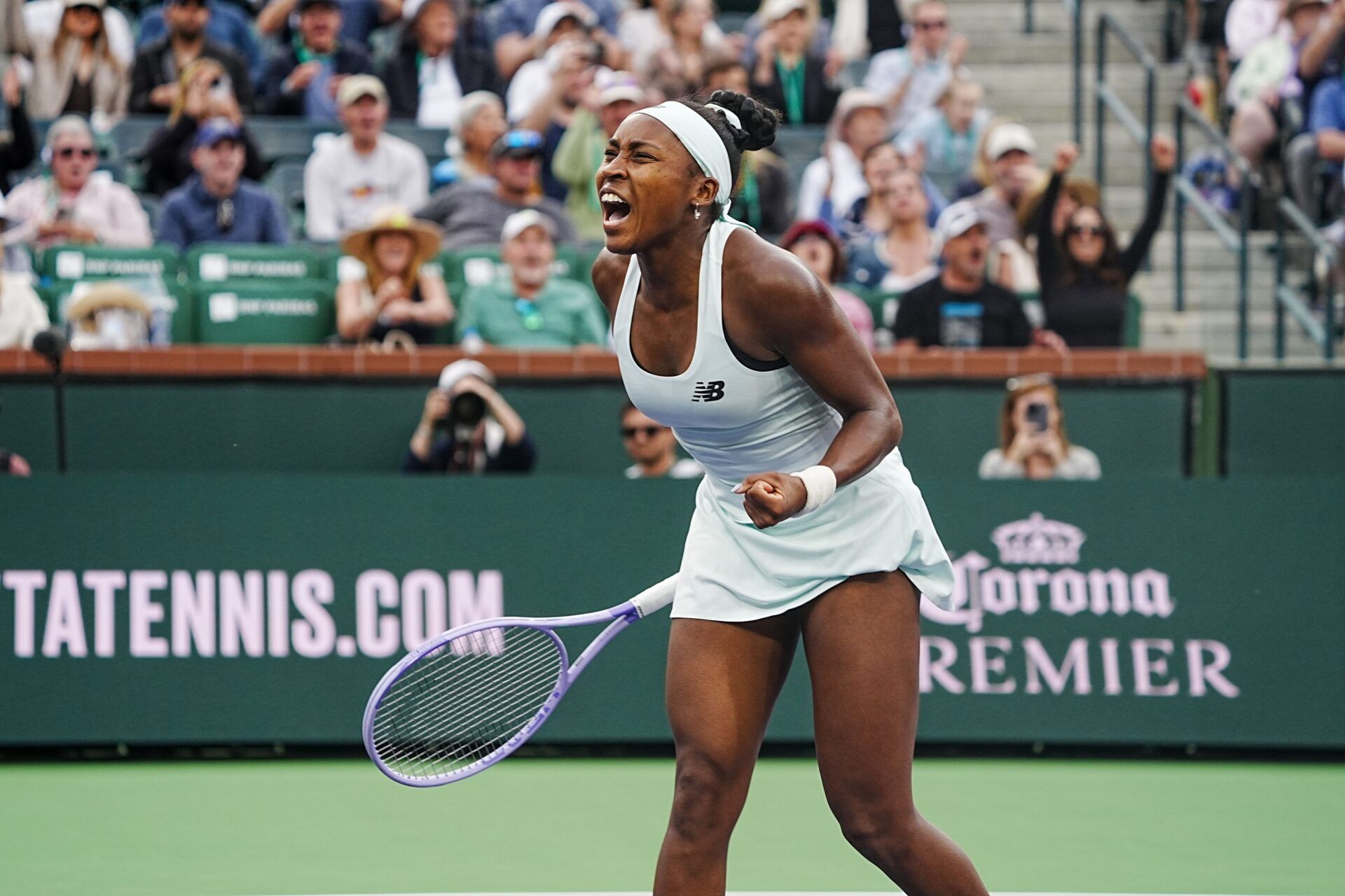 Coco Gauff celebrates her round 2 win over Kamilla Rakhimova at the BNP Paribas Open at the Indian Wells Tennis Garden in Indian Wells, Calif., March 6, 2026.
