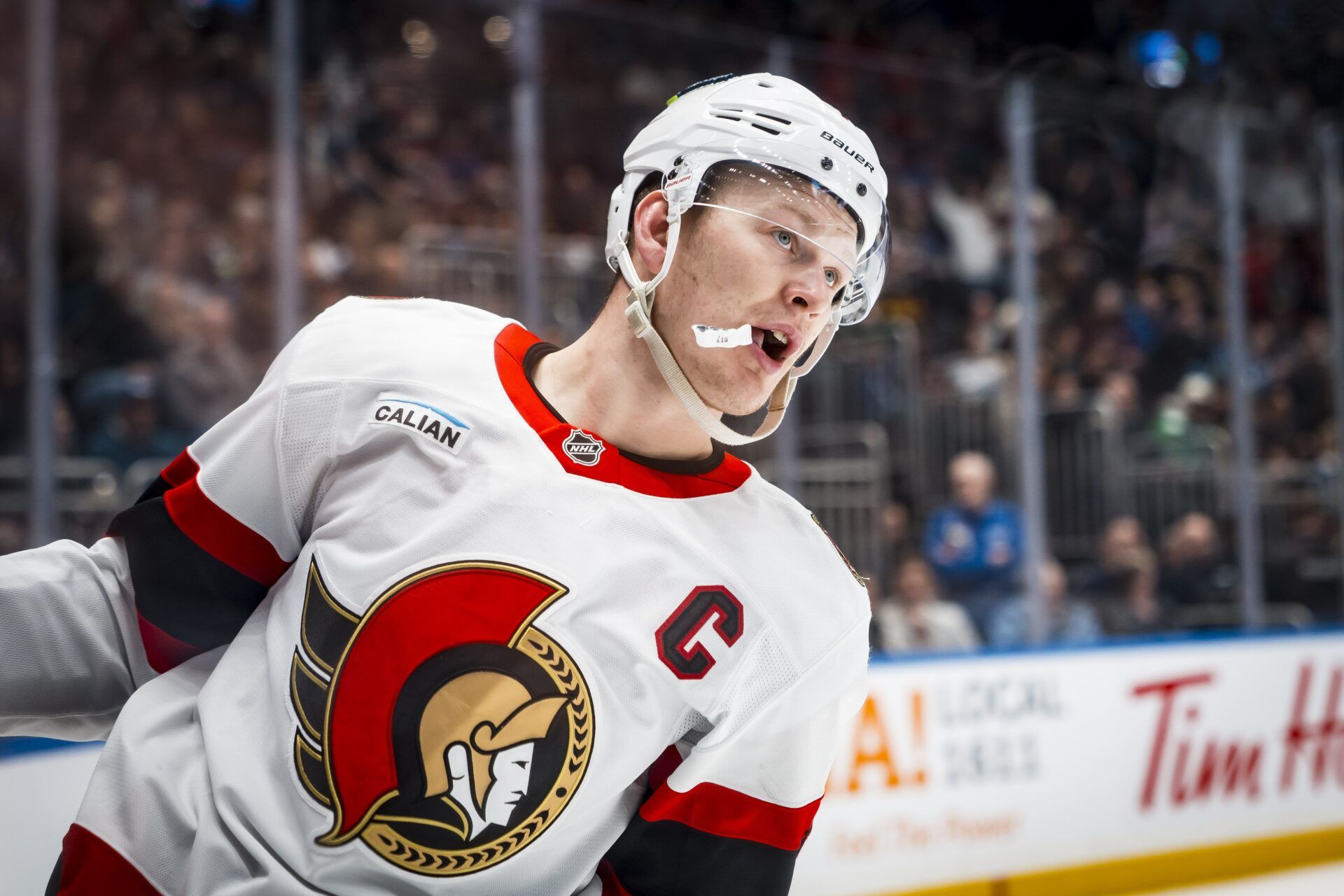 Ottawa Senators forward Brady Tkachuk (7) celebrates his goal against the Vancouver Canucks in the third period at Rogers Arena.
