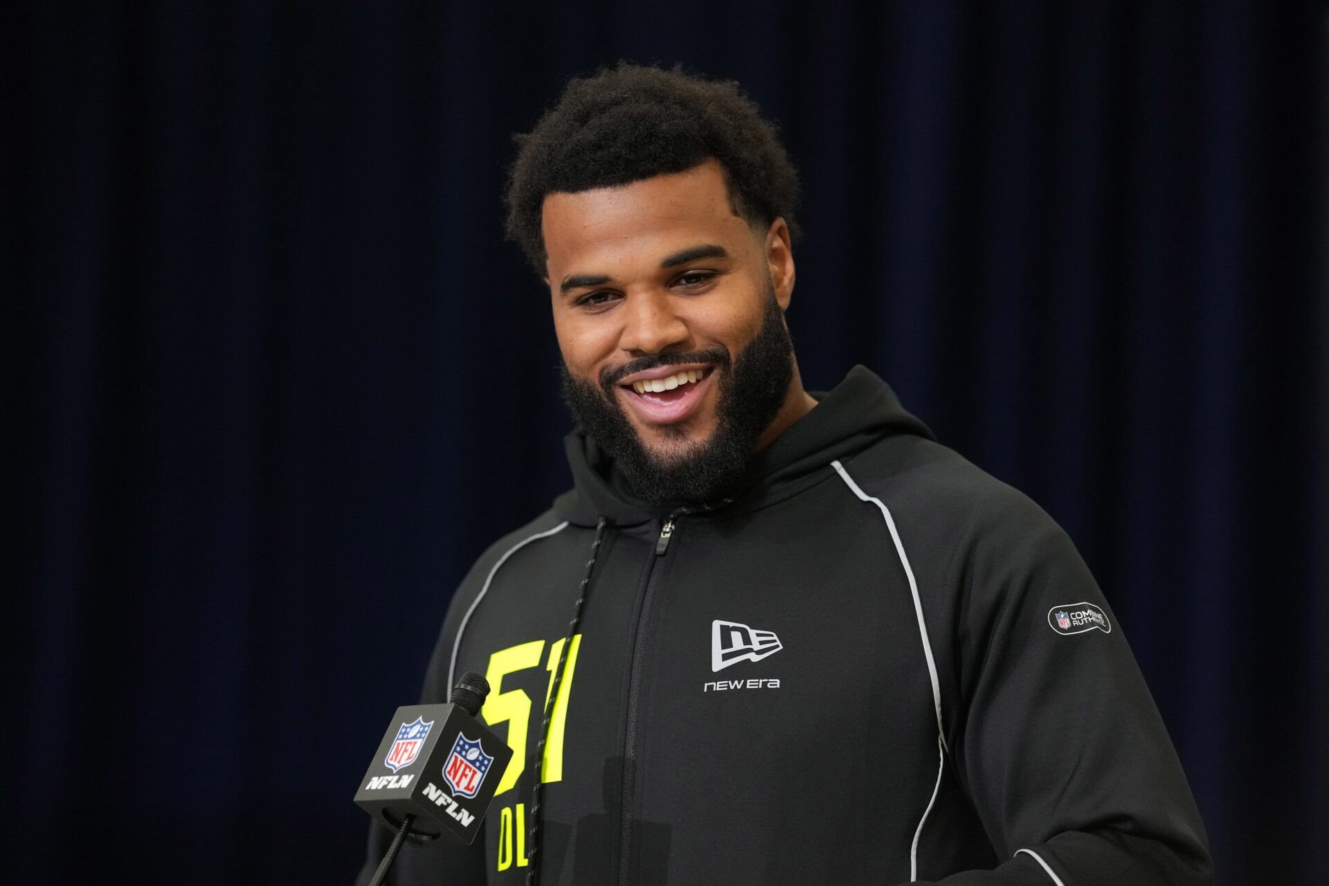 Miami defensive lineman Akheem Mesidor (DL51) speaks during the NFL Scouting Combine at the Indiana Convention Center.