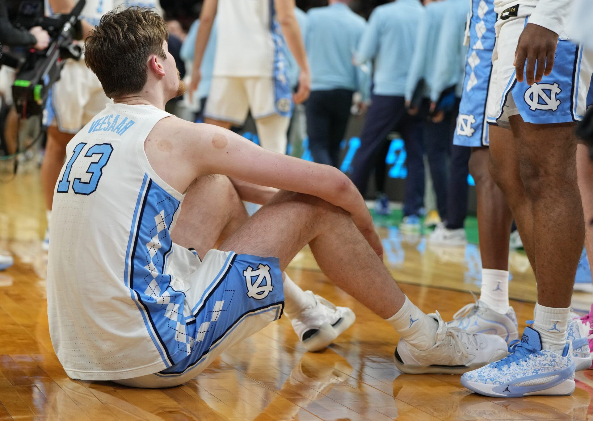 North Carolina Tar Heels center Henri Veesaar (13) reacts after losing to the VCU Rams in overtime of a first round game of the men's 2026 NCAA Tournament at Bon Secours Wellness Arena.