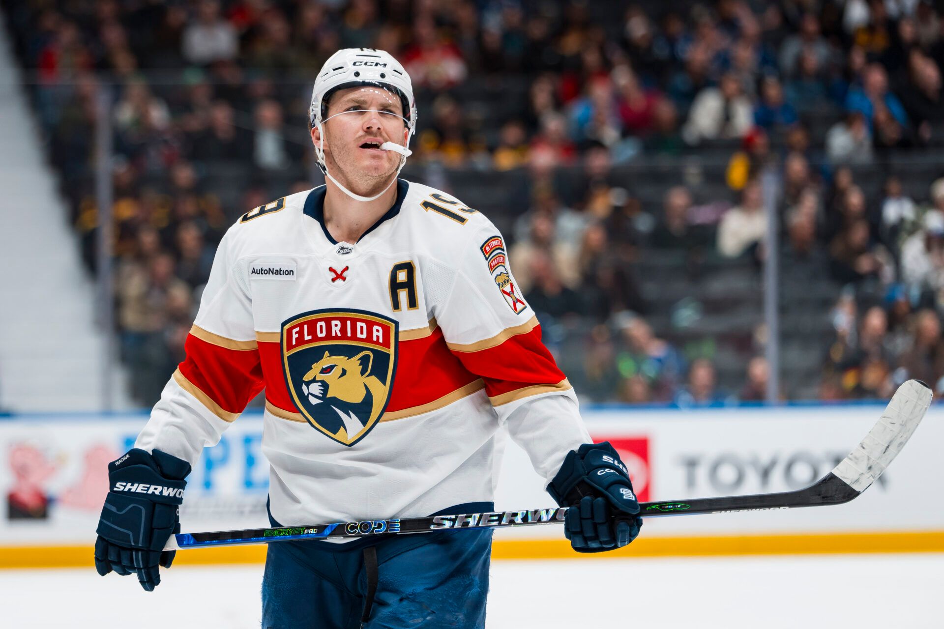 Florida Panthers forward Matthew Tkachuk (19) during a stop in play against the Vancouver Canucks in the third period at Rogers Arena.