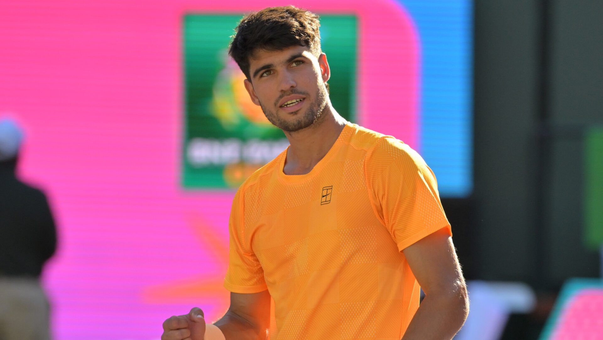Carlos Alcaraz (ESP) pumps his fist after he defeated Casper Ruud (NOR) during the fourth round in the BNP Paribas Open at the Indian Wells Tennis Garden.