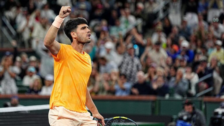 Carlos Alcaraz defeated Arthur Rinderknech 6-7, 6-3, 6-2 in their BNP Paribas Open third-round match on Stadium 1 at the Indian Wells Tennis Garden in Indian Wells, Calif., on Monday, March 9, 2026.