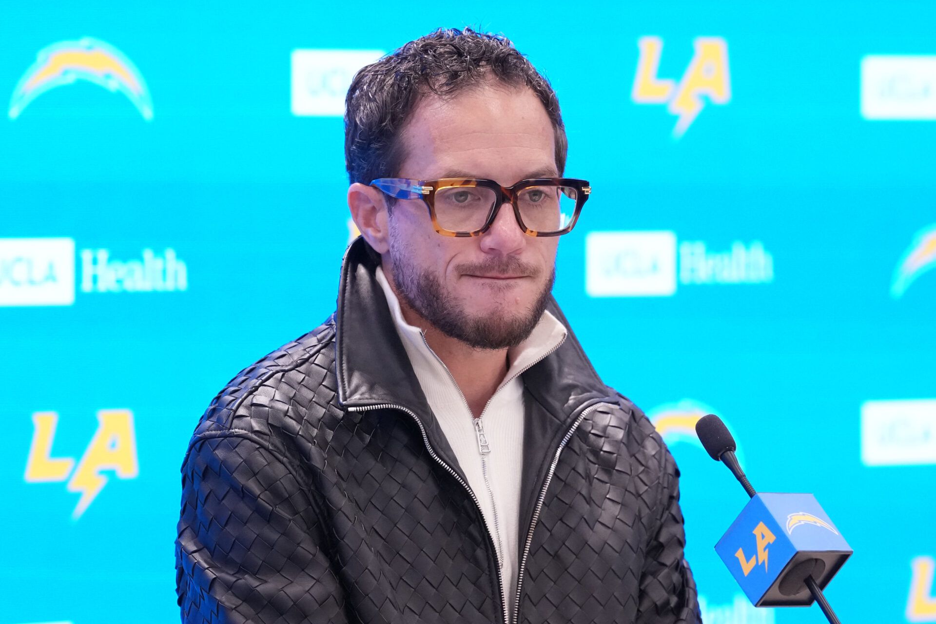 Los Angeles Chargers offensive coordinator Mike McDaniel speaks at introductory press conference at The Bolt.