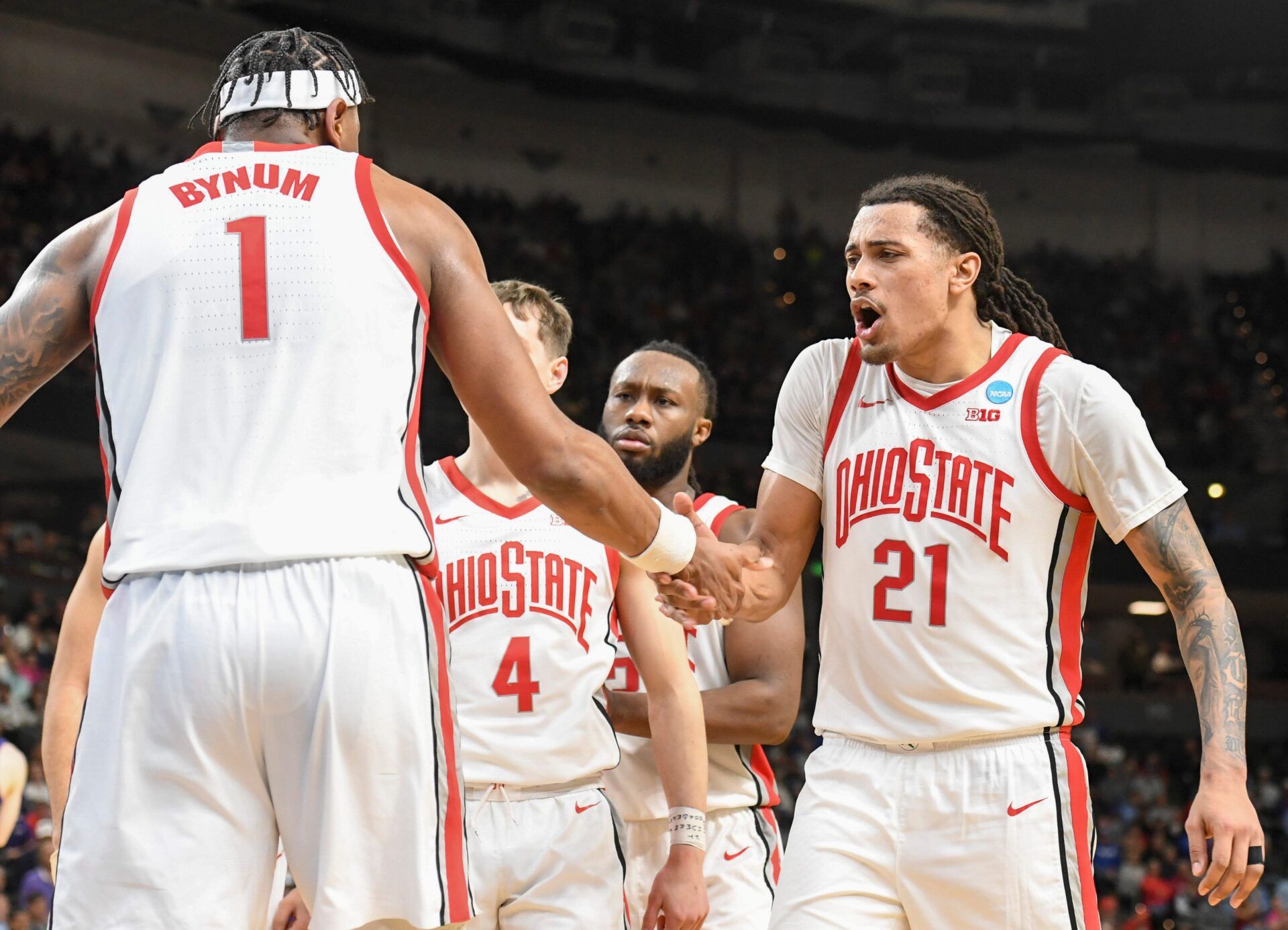 Ohio State Buckeyes forward Amare Bynum (1) celebrates after scoring Thursday, March 19, 2026, during the NCAA Men’s Basketball Tournament first round game against the TCU Horned Frogs at Bon Secours Wellness Arena in Greenville, South Carolina.