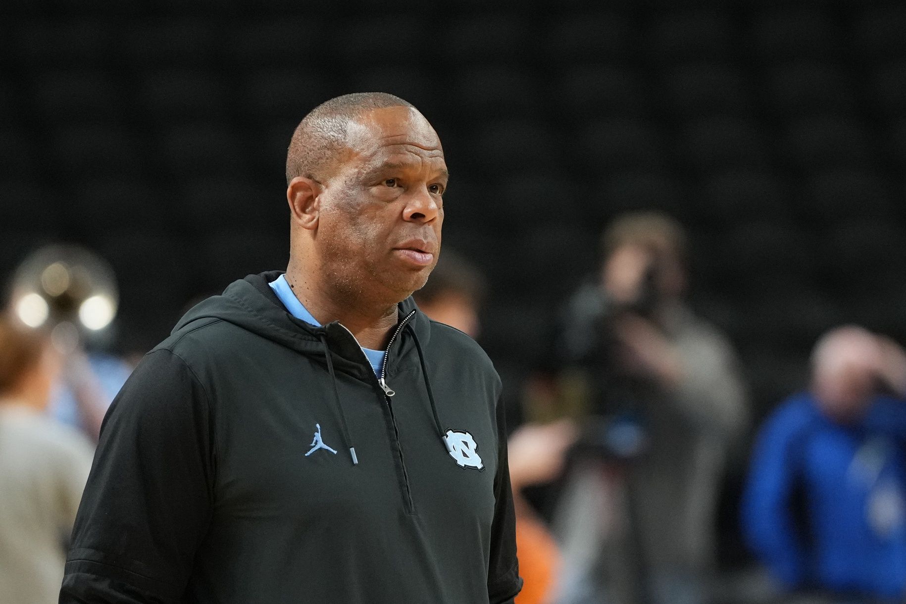 North Carolina Tar Heels head coach Hubert Davis during a practice session ahead of the first round of the men's 2026 NCAA Tournament at Bon Secours Wellness Arena.