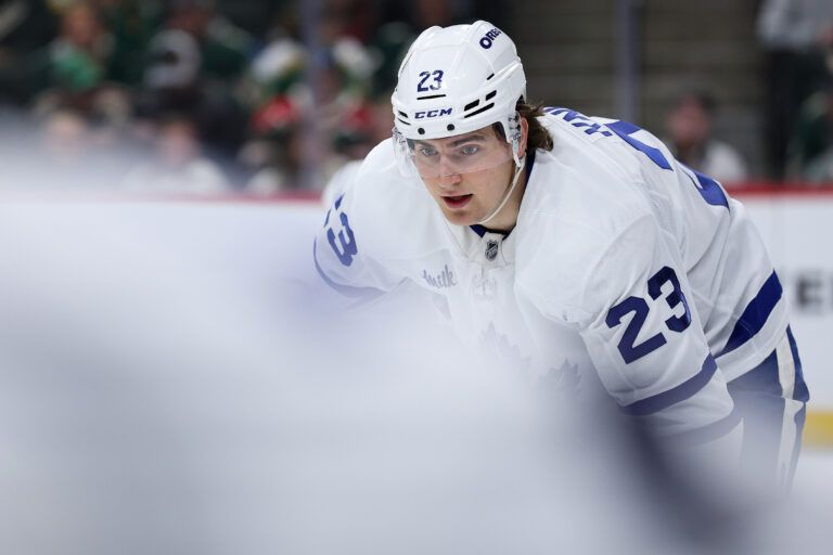 Toronto Maple Leafs left wing Matthew Knies (23) prepares for a face-off against the Minnesota Wild during the second period at Grand Casino Arena.