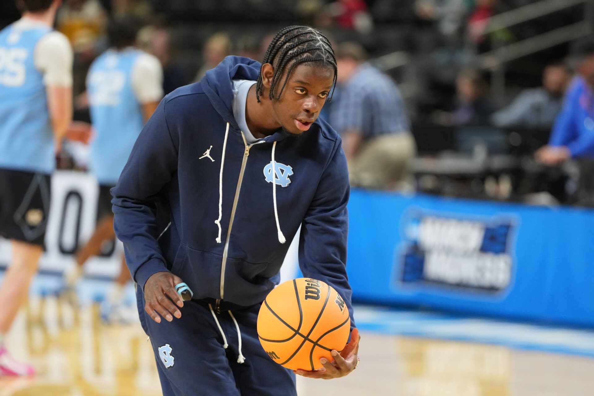 North Carolina Tar Heels forward Caleb Wilson (8) works on his left hand during a practice session ahead of the first round of the men's 2026 NCAA Tournament at Bon Secours Wellness Arena.
