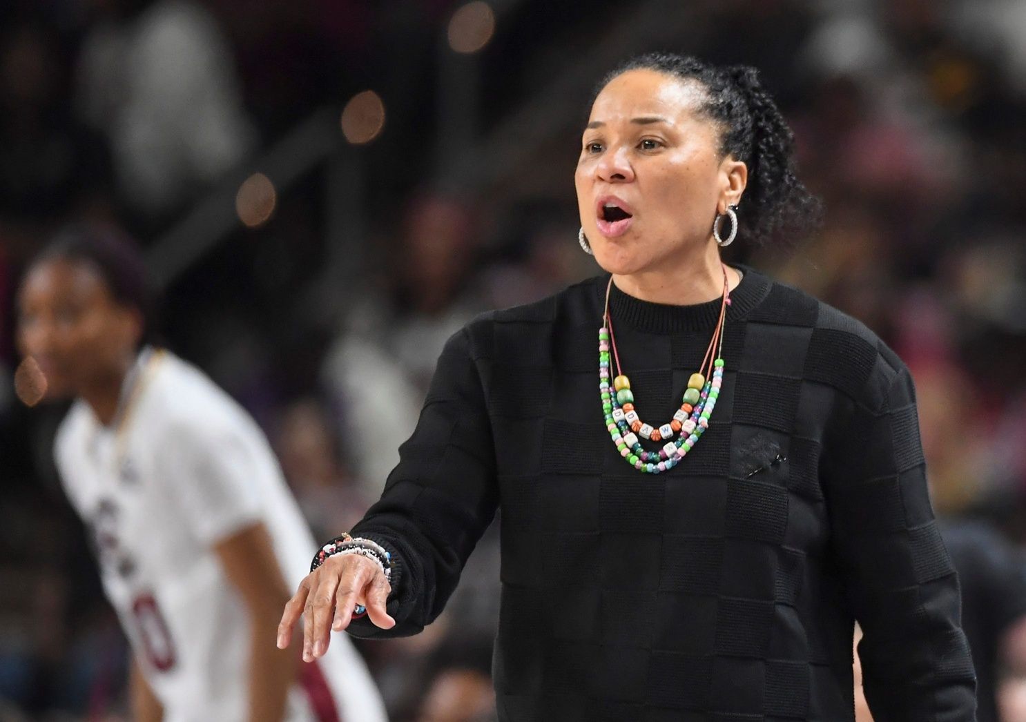 South Carolina Gamecocks head coach Dawn Staley gives instructions down court Sunday, March 8, 2026, during the SEC Women's Basketball Tournament Championship game against the Texas Longhorns at Bon Secours Wellness Arena in Greenville, South Carolina.
