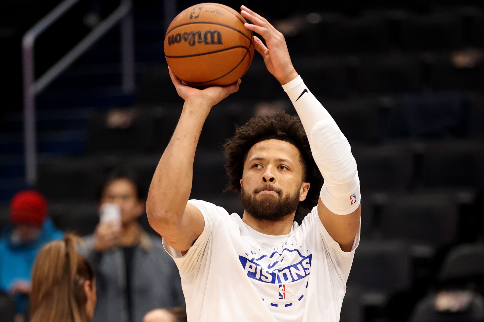 Detroit Pistons guard Cade Cunningham (2) takes a shot before a game against the Washington Wizards at Capital One Arena.