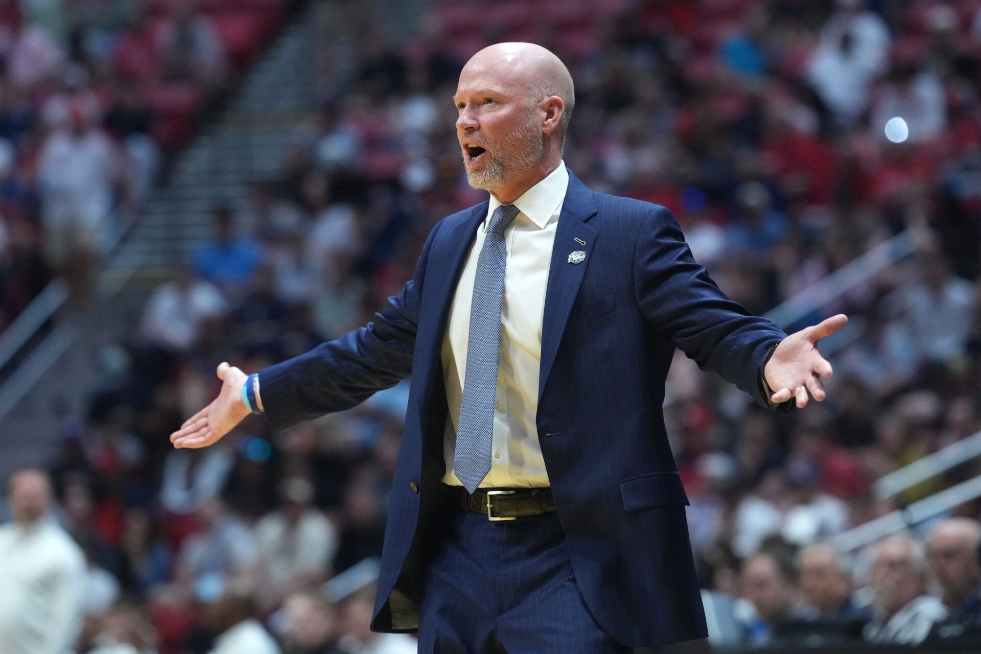 Villanova Wildcats head coach Kevin Willard reacts in the first half against the Utah State Aggies during a first round game of the men's 2026 NCAA Tournament at Viejas Arena.