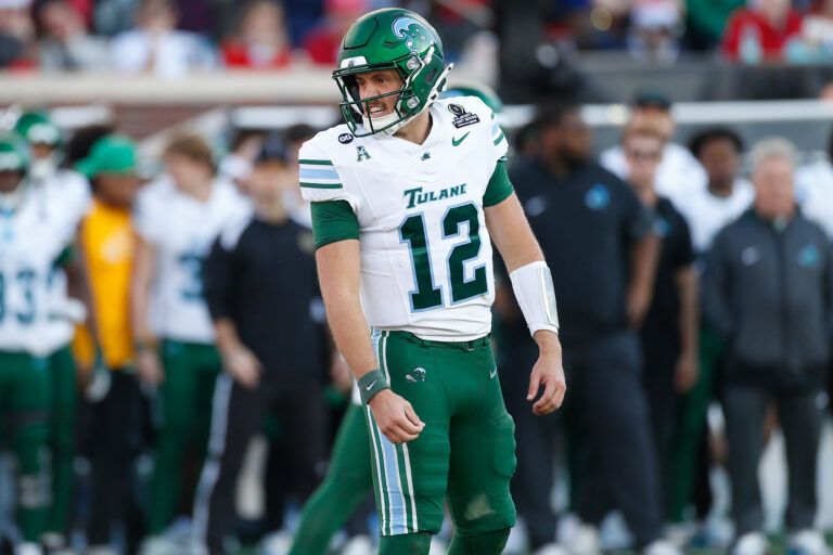 Tulane Green Wave quarterback Jake Retzlaff (12) reacts during the second quarter against the Mississippi Rebels at Vaught-Hemingway Stadium.