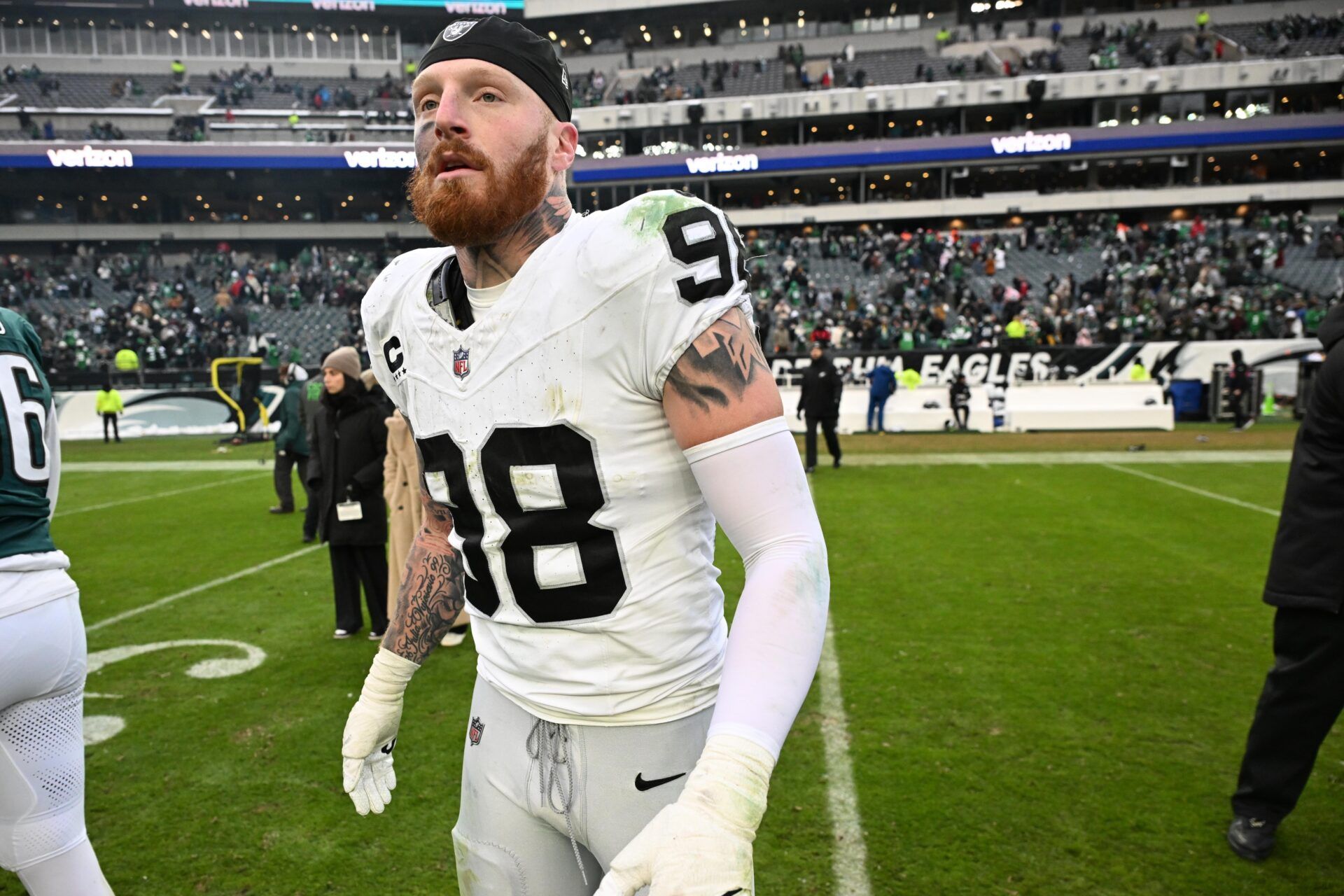 Las Vegas Raiders defensive end Maxx Crosby (98) on the field after loss to the Philadelphia Eagles at Lincoln Financial Field.