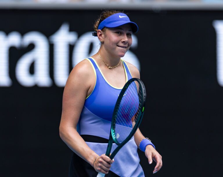 Amanda Anisimova of United States celebrates her victory over Simona Waltert of Switzerland in the first round of the women’s singles at the Australian Open at Margaret Court Arena in Melbourne Park.