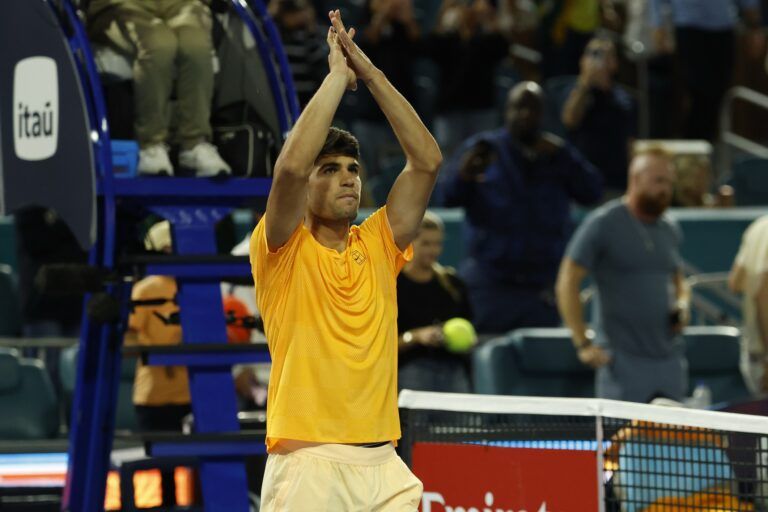 Carlos Alcaraz (ESP) celebrates after his match against Joo Fonseca (BRA) (not pictured) on day four of the 2026 Miami Open at Hard Rock Stadium.