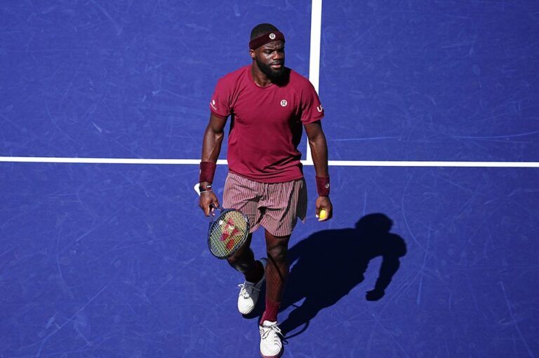 Frances Tiafoe prepares to serve during the BNP Paribas Open fourth-round match against Alexander Zverev in Indian Wells, Calif., on Tuesday, March 10, 2026. Zverev won.