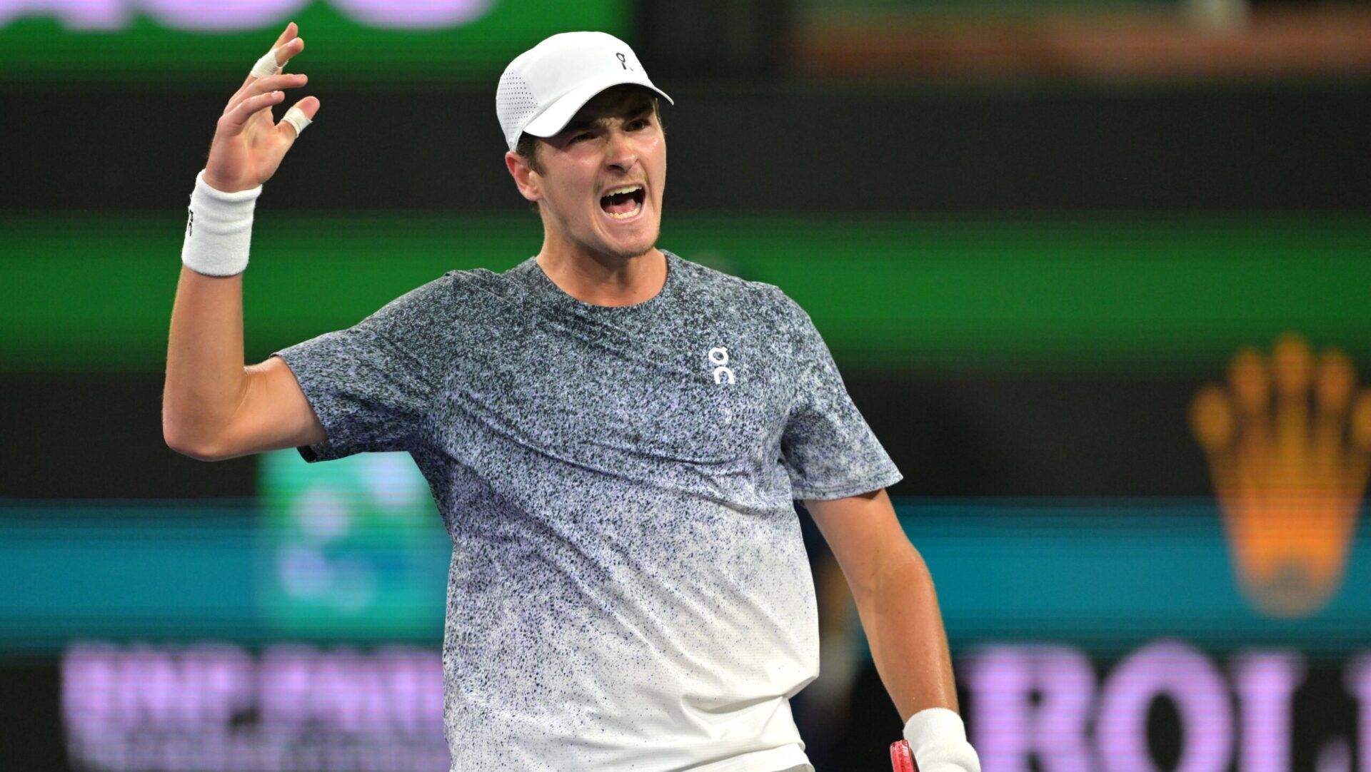 Joao Fonseca (BRA) reacts after a point during his the fourth round against Jannik Sinner (ITA) in the BNP Paribas Open at the Indian Wells Tennis Garden.