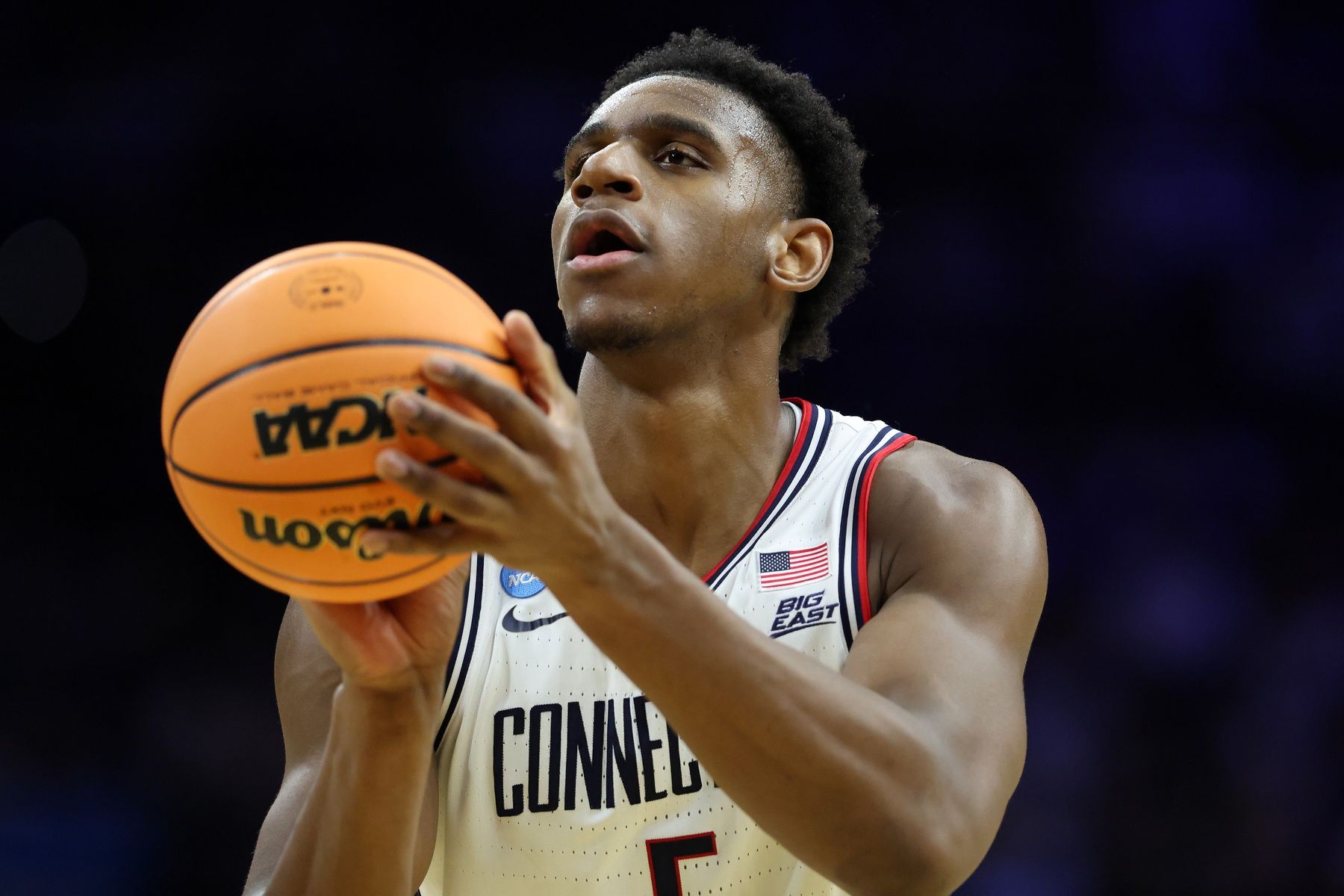 UConn Huskies forward Tarris Reed Jr. (5) shoots a free throw in the first half during a first round game of the men's 2026 NCAA Tournament at Xfinity Mobile Arena.