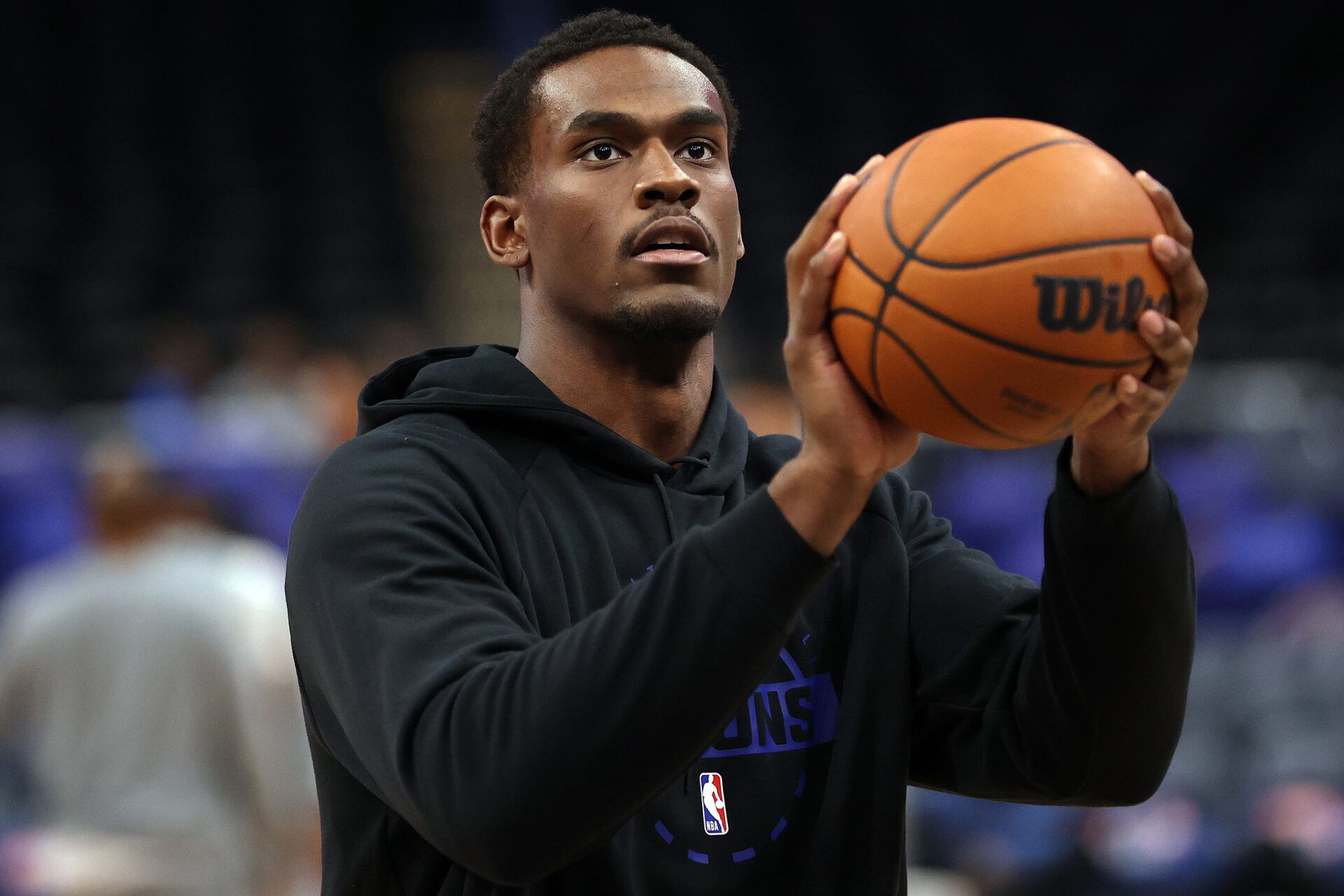 Detroit Pistons center Jalen Duren (0) takes a shot before a game against the Washington Wizards at Capital One Arena.