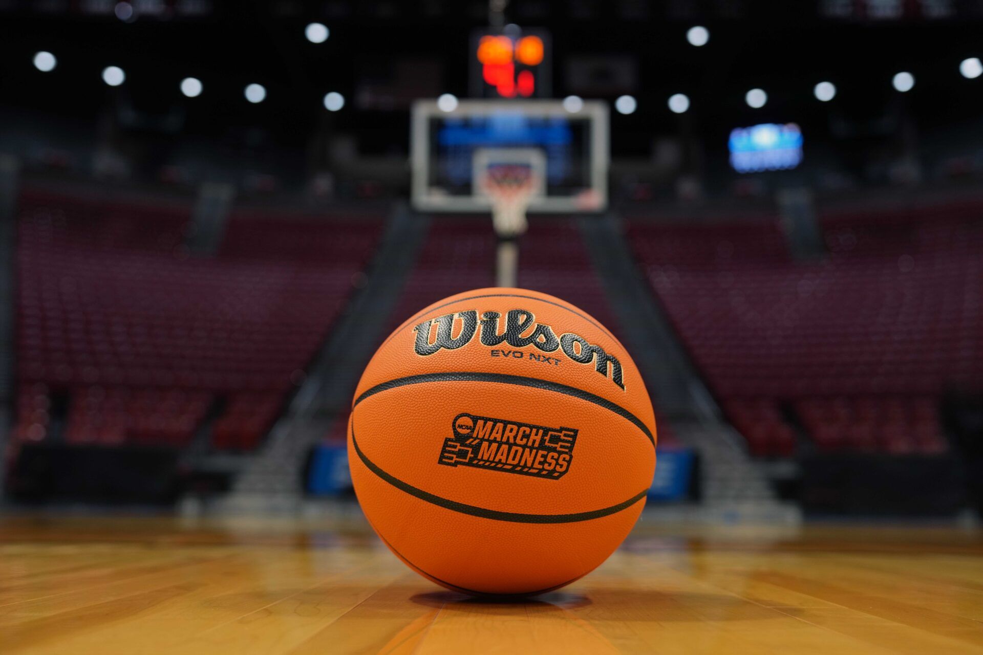 A Wilson Evo NXT basketball with March Madness logo during a practice session ahead of the first round of the men's 2026 NCAA Tournament at Viejas Arena.