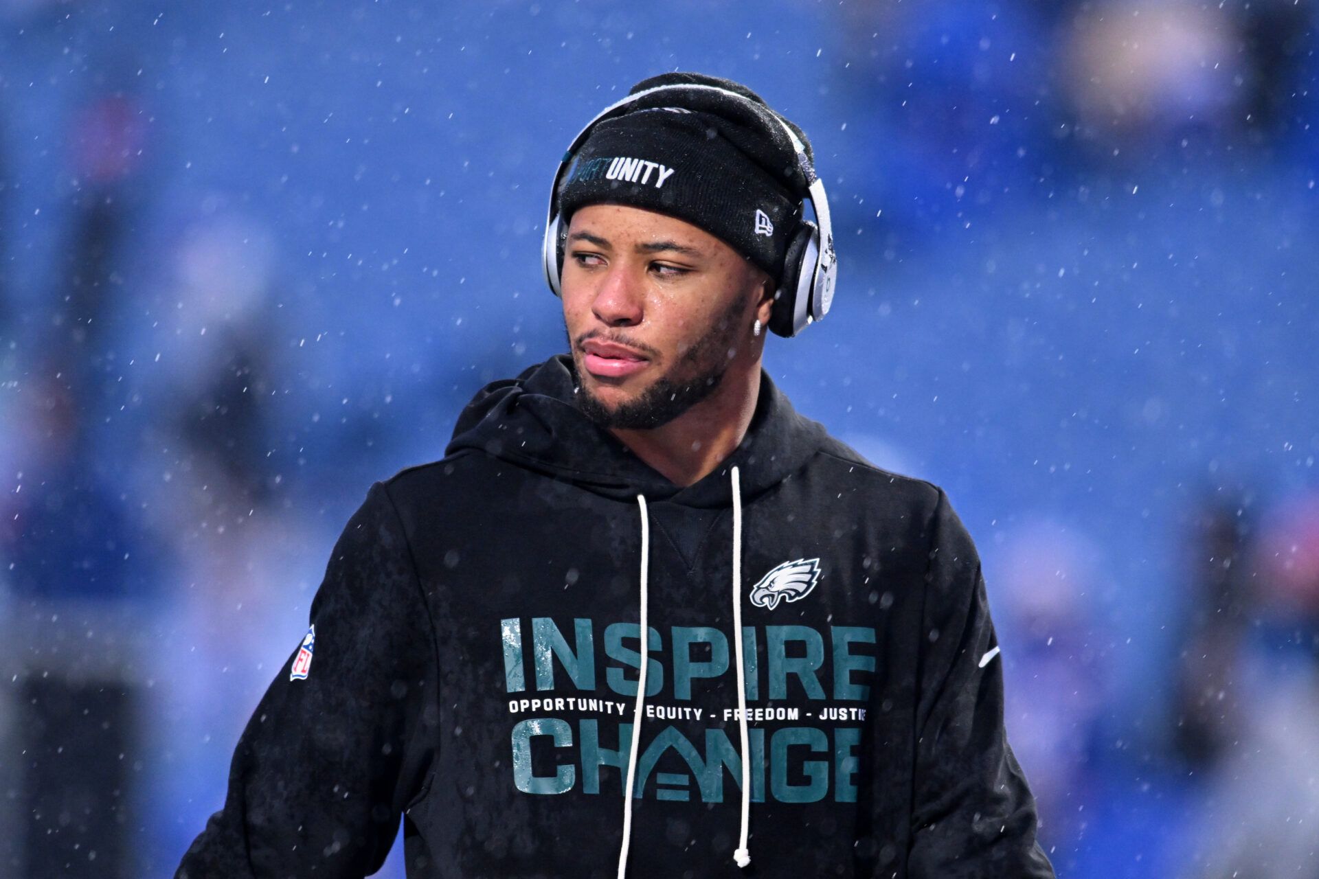 Philadelphia Eagles running back Saquon Barkley (26) looks on during warmups before the game against the Buffalo Bills at Highmark Stadium.