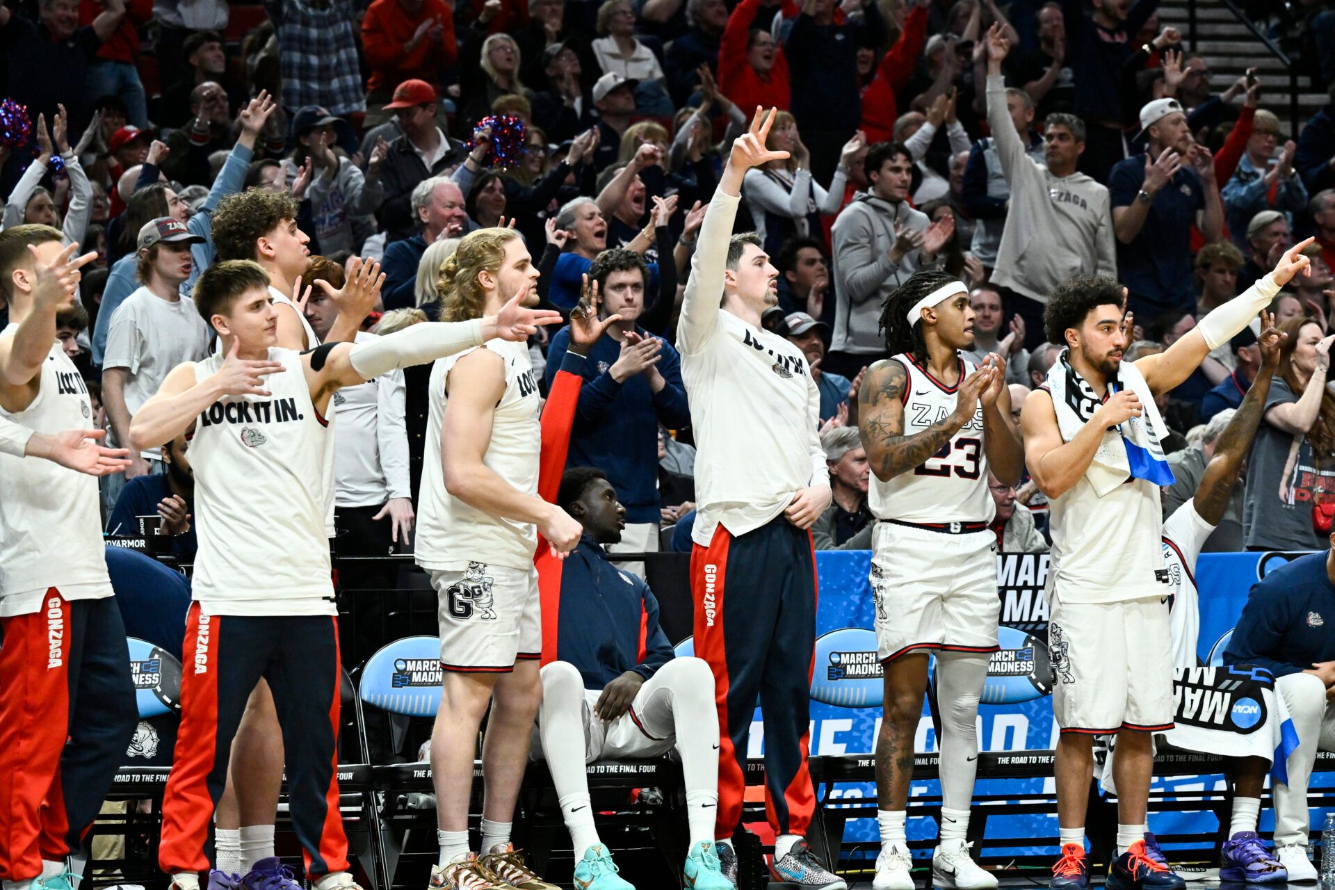 The Gonzaga Bulldogs bench reacts during the second half of a first round game of the men's 2026 NCAA Tournament against the Kennesaw State Owls at Moda Center.