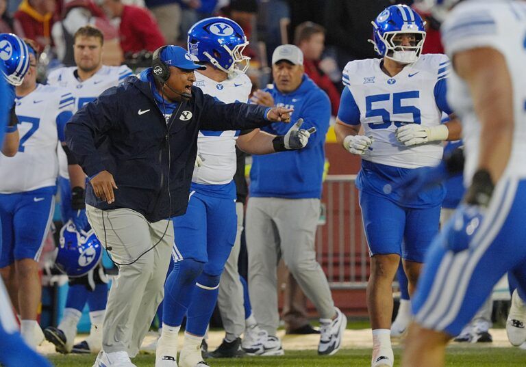 BYU Cougars football head coach Kalani Sitake celebrates after an interception as winning 41-27 over Iowa State during the third quarter at Jack Trice Stadium on Oct. 25, 2025, in Ames, Iowa.