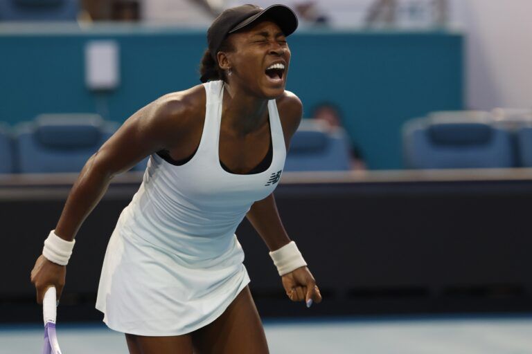 Coco Gauff (USA) celebrates after match point against Elisabetta Cocciaretto (ITA) (not pictured) on day four of the 2026 Miami Open at Hard Rock Stadium.