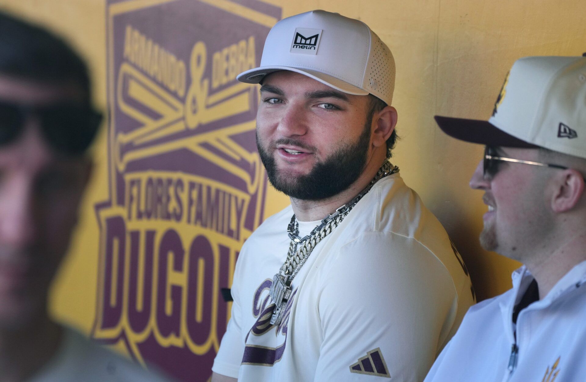 ASU football star Cam Skattebo plays in the second annual alumni and celebrity softball game to kick off the ASU baseball season at Phoenix Municipal Stadium on Feb. 1, 2026.