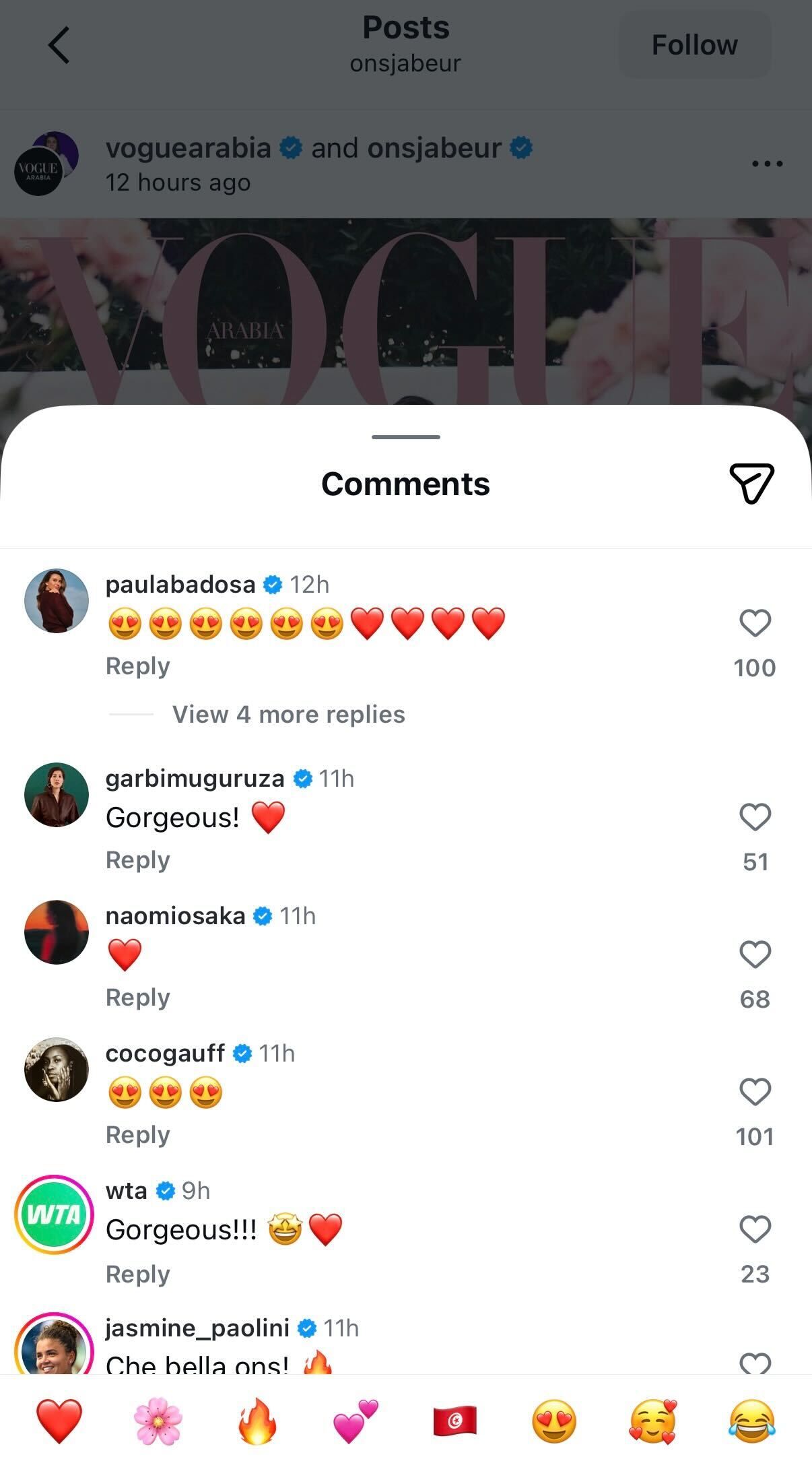 Screen grab of players' reactions to Ons Jabeur's pictures