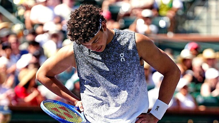 Ben Shelton reacts during his BNP Paribas Open third-round loss to Learner Tien at the Indian Wells Tennis Garden in Indian Wells, Calif., on March 8, 2026.