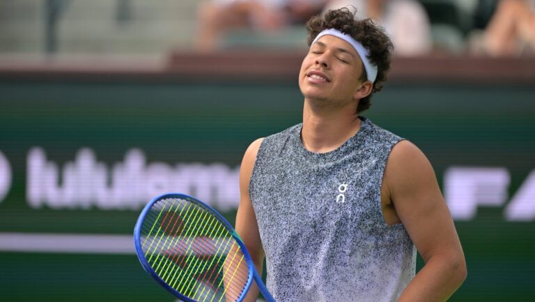 Ben Shelton (USA) during his second round match against Reilly Opelka (USA) in the BNP Paribas Open at the Indian Wells Tennis Garden.