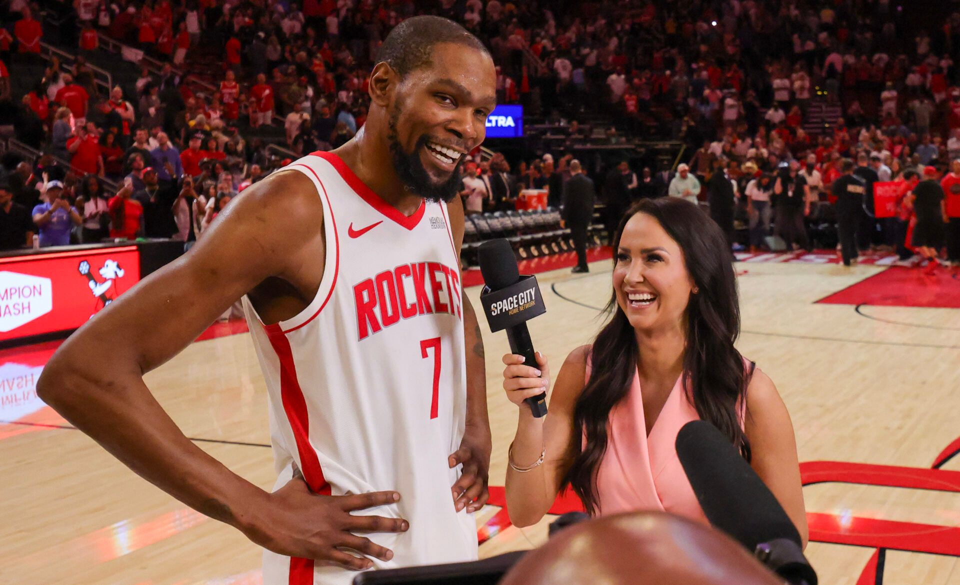 Houston Rockets forward Kevin Durant (7) is interviewed after he became the 5th highest point leader in NBA history after the game against the Miami Heat at Toyota Center.