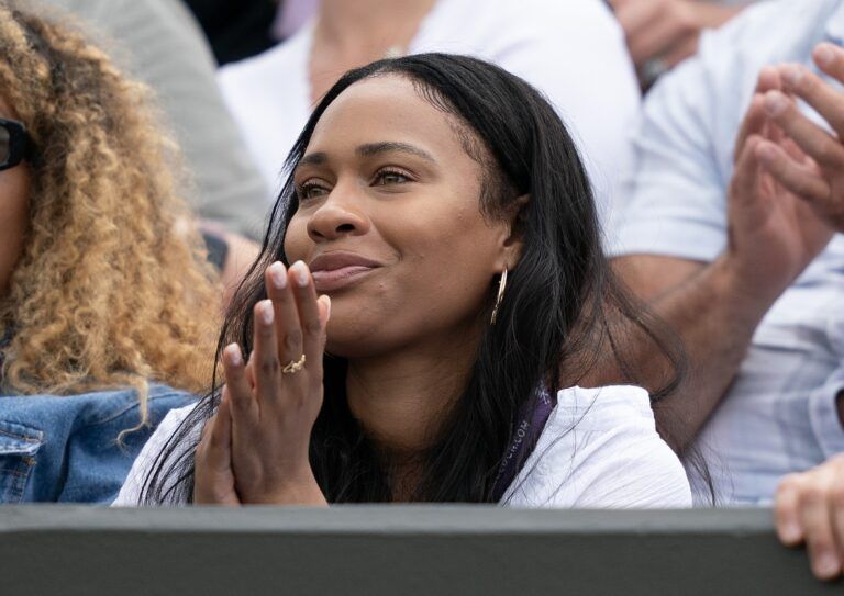 Ayan Broomfield attends the match between her boyfriend Frances Tiafoe (USA) against Yiibling Wu (CHN) on day three of Wimbledon at the All England Lawn Tennis and Croquet Club.